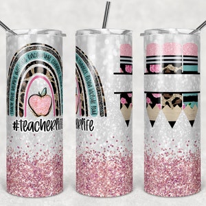 20 oz Skinny Tumbler Rainbow Pink Glitter Teacher Tumbler Full Pencils Teacher Life Sublimation Design PNG Instant DIGITAL ONLY