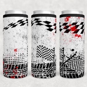 May include: Three black and white checkered flag can coolers with a distressed white background and red splatters. The can coolers have a black tire tread pattern at the bottom.