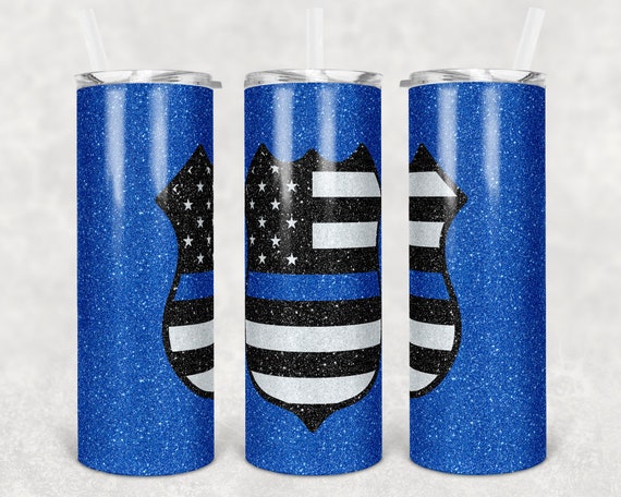 20 oz Skinny Tumbler Sublimation Design Template Glitter Blue Police Badge  Flag Badge Straight and Warped Design Digital Download PNG