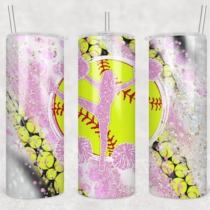 20 oz Skinny Tumbler Softball Cheer Pink Glitter Sublimation Design Template Design Digital Download PNG Instant DIGITAL ONLY