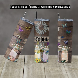 20 oz Skinny Tumbler Rustic Wood Sunflower Mason Jar and Windmill Personalize Frame Sublimation Design PNG Instant DIGITAL ONLY Mothers Day