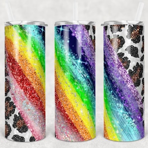 20 oz Skinny Tumbler Sublimation Template Raibow Glitter Milky Way Glitter Leopard Straight and Warped Design Digital Download PNG