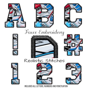 Alphabet Faux Stickerei Sport Hockey Alle Buchstaben, Zahlen und Satzzeichen enthalten Sublimation oder DTF Design Digital Download PNG