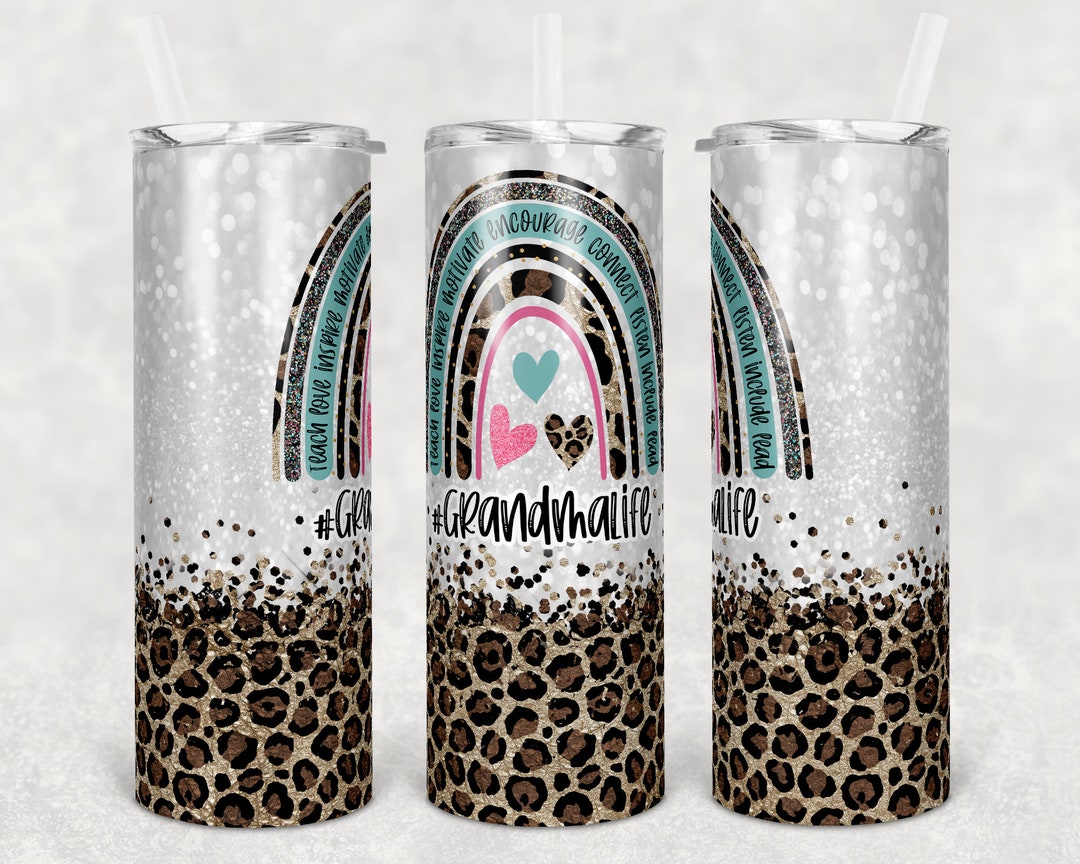 20 Oz Skinny Tumbler Rainbow Leopard Glitter Heart Grandma and Mom Life ...