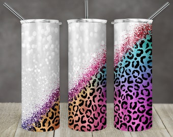20 oz Skinny Becher Sublimation Design Vorlage Glitzer Regenbogen Weiß Diagonal Leopard Gerade personalisieren Design Digitaler Download PNG