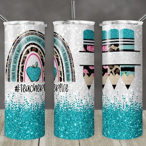 20 oz Skinny Tumbler Rainbow Glitter Teacher Tumbler Teal Pencil Monogram Teacher Life Sublimation Design PNG Instant DIGITAL ONLY