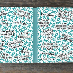 Journal Sublimation Design Template Cancer Teal Positive Affirmations Digital Download PNG DIGITAL Floral Cancer Journey Journal Teal Ribbon