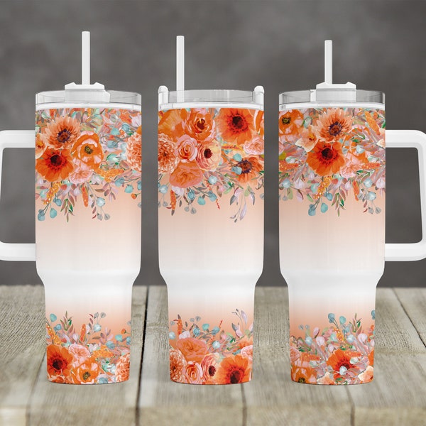 Gradient Floral Top Bottom Orange Peach design 40 oz 2 piece Tumbler Sublimation Template Digital Download PNG Floral Flowers