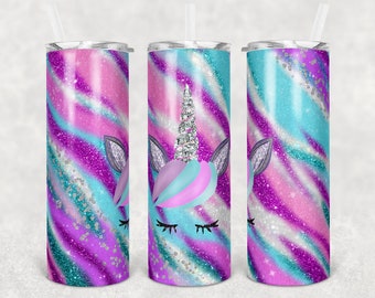 20 oz Skinny Tumbler Sublimation Template Agate Unicorn Milky Way Glitter Aqua Pink Purple Straight and Warped Design Digital Download PNG