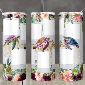 May include: Three stainless steel tumblers with floral designs and a gold glitter background. Each tumbler features a different coloured sea turtle with flowers on its head. The tumblers have multiple blank photo frames on them.