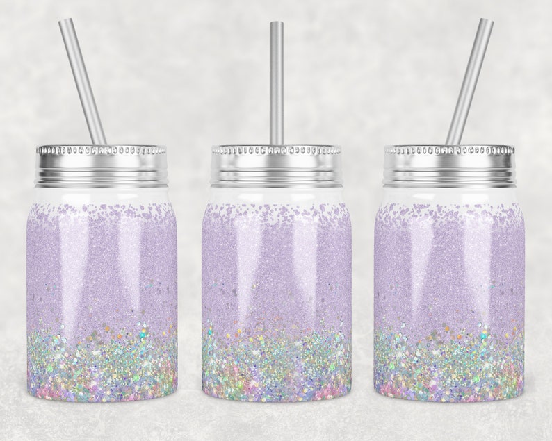 May include: Three silver mason jars with lids and straws. The jars are filled with a light purple glitter and a layer of iridescent glitter at the bottom.