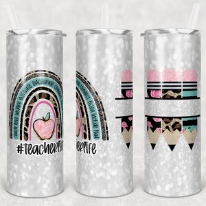 20 oz Skinny Tumbler Rainbow Leopard Glitter Insegnante Tumbler Pencil Monogram Teacher Life Sublimation Design PNG Instant DIGITAL ONLY