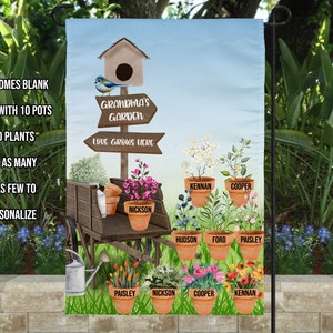 May include: A garden flag with a whimsical design featuring a birdhouse, a sign that says "Grandma's Garden, Love Grows Here", and multiple flower pots with names written on them.