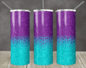 20 oz smal tumbler sublimeringsdesignmall glitter ombre blå och lila rak design digital nedladdning PNG tumblers Tamara