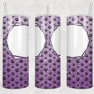20 oz Skinny Tumbler Sublimation Lavender Glitter Paw Dog 2 Frames Add Photo Picture Personalize Template Straight Digital Download PNG