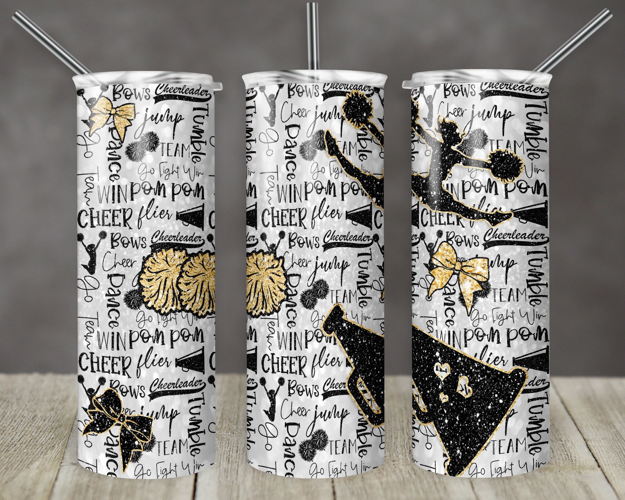20 oz Skinny Tumbler Cheer Faux Glitter Gold Black Sublimation Design  Digital Download PNG Instant DIGITAL ONLY