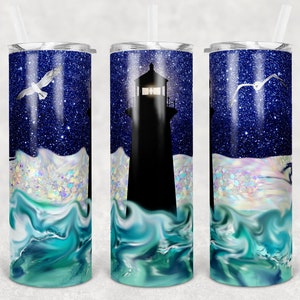 20 oz Skinny Tumbler Ocean Beach Waves Lighthouse Glitter Background  Sublimation Design PNG Instant DIGITAL ONLY rts tumblers Tamara