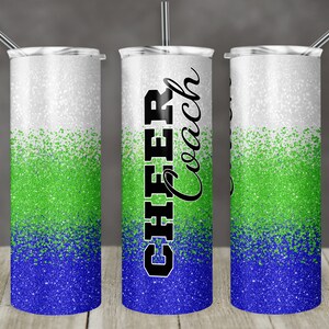 20 oz Skinny Becher Cheer Coach Royal Blau Lime Green Ombre Glitter Sublimation Design Digital Download PNG Instant DIGITAL ONLY Becher
