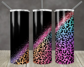 20 oz Skinny Tumbler Sublimation Design Vorlage Glitzer Regenbogen Schwarz Diagonal Leopard Gerade personalisiere es Design Digital Download PNG