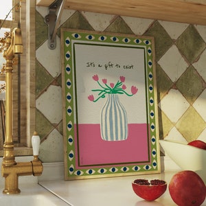 Es un regalo existir, impresión, póster, galería de arte de pared, cocina, sala de estar, A4 A3 A2, SIN MARCO, impresión de jarrón de flores dibujado a mano