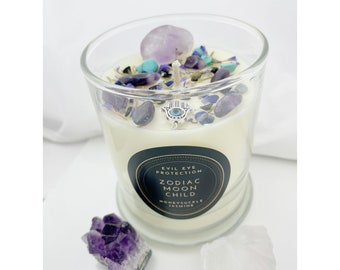 Evil Eye Protection Candle: Amethyst Crystal, Hamsa Charm, Soy Wax