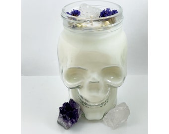 Spiritual Crystal - White Glass Skull Candle - Clear Quartz - Flower Herb Crystal - Sage & Lavender - 100% Soy Wax, 12 oz - Spiritual Candle