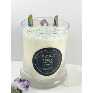 Retrograde Protection – Mercury Retrograde - Honeysuckle Jasmine - Spiritual Crystal Candle - Crystal & Herb Candle – 100% Natural Soy Wax