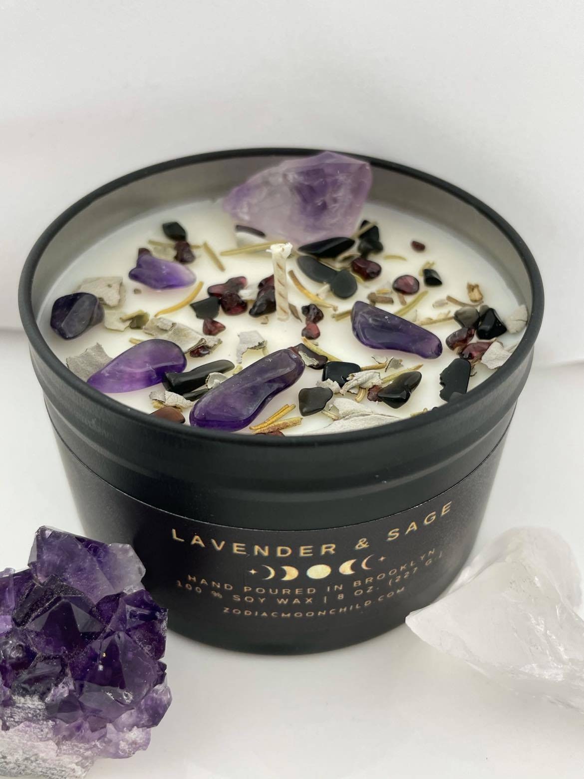 Crystal Herb Candle \u2013 100% Natural Soy Wax Lavender & White Sage Witch\u2019s Brew Blend Crystal Candle Spiritual Crystal Candle Collection