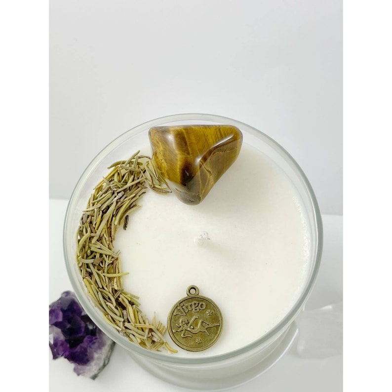 Crystal /& Herb Candle \u2013 100/% Natural Soy Wax Virgo \u2013 Mint and Eucalyptus Crystal Candle Spiritual Crystal Candle Collection Zen Astro