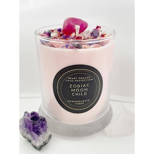 Heart Healer & Love Protection - Pomegranate Cider Crystal Candle - Spiritual Crystal Candle - Crystal Herb Candle – 100% Natural Soy Wax