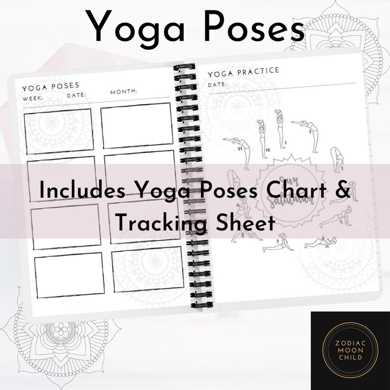 May include: A white and black spiral bound journal with the text "Yoga Poses" on the cover. The journal includes a yoga poses chart and a tracking sheet. The journal is open to a page with a yoga poses chart and a tracking sheet.