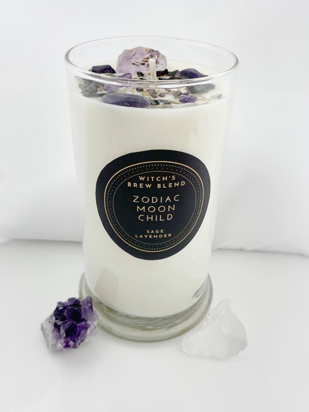 Crystal Herb Candle \u2013 100% Natural Soy Wax Lavender & White Sage Witch\u2019s Brew Blend Crystal Candle Spiritual Crystal Candle Collection