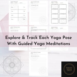 May include: Printable yoga journal pages with black and white mandala designs. The pages include sections for daily gratitude, yoga poses, daily intentions, yoga daily, yoga goals, and daily reflections.