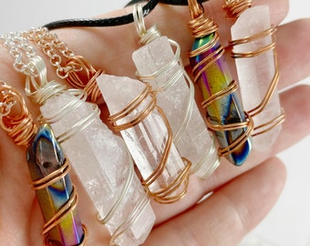 Gemstone Spiritual Charged Jewelry - Wire wrapped crystal, gemstone, spiritual necklace, clear crystal, rainbow quartz, spiritual gift