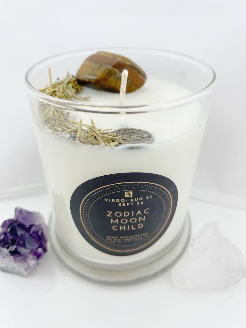 Crystal /& Herb Candle \u2013 100/% Natural Soy Wax Virgo \u2013 Mint and Eucalyptus Crystal Candle Spiritual Crystal Candle Collection Zen Astro
