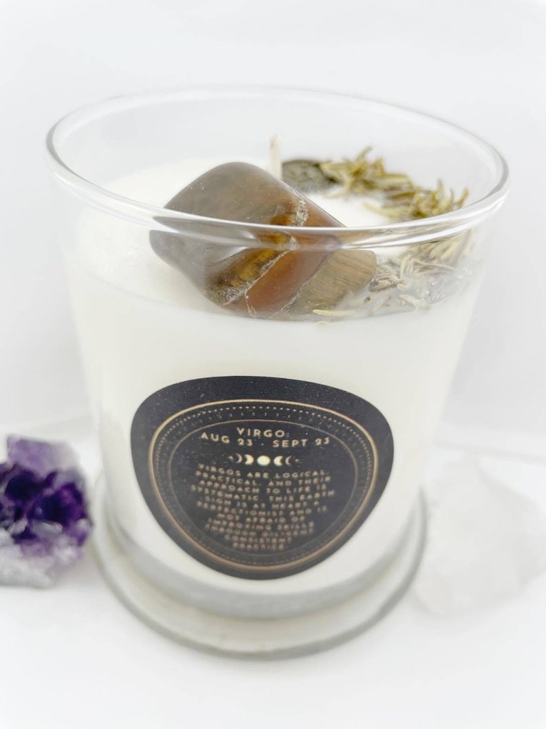Crystal /& Herb Candle \u2013 100/% Natural Soy Wax Virgo \u2013 Mint and Eucalyptus Crystal Candle Spiritual Crystal Candle Collection Zen Astro