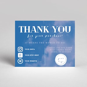 Thank You For Your Order Insert Card / Customer Thank You / Blue Cloud Business Insert Card Template / EDITABLE / Printable / Canva