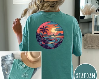 Sun and Waves Beach T-Shirt, Comfort Colors Palm Tree Tee