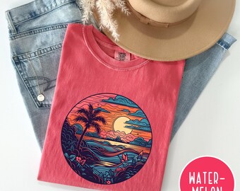 Comfort Colors Beach T-Shirt, 100% Ring-Spun Cotton - Palm Tree Sunset