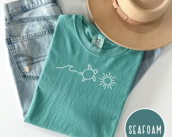 Soft Washed Tee, Comfort Colors Ocean Turtle Sun Graphic, Garment-Dyed Cotton
