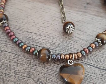 JB-0249A Teens and Girls Ankle Bracelet Fashion Jewelry for Women MGD Small Anklets Dark Brown Tiger Eye Color Bead and Brass Bell Anklet Beautiful Handmade Brass Flower Anklet