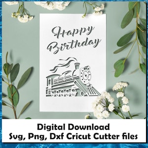 Happy Birthday Greeting Card svg Steam Train Papierschnittdatei digitaler Download. Ideal für Cricut Cutter Silhouette, Cnc SVG/PNG/FCM