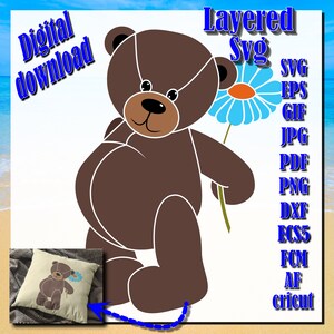 花を持ったテディベアの SVG、レイヤーカット ファイル SVG、DXF、PNG 画像 (ビニール、ステッカー、レーザー カット、Cricut、シルエット用)。