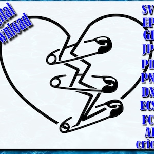Hart svg met veiligheidsspelden Svg gesneden bestand SVG DXF PNG-afbeelding voor vinylstickers lasergesneden Cricut, silhouet.