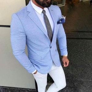 Men Suit 2 Piece Light Blue Linen Elegant Formal Fashion Slim Fit ...