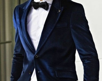 Men Tuxedo Jacket Navy Blue New Arrival Wedding Party Wear Velvet Blazer Dinner Coat