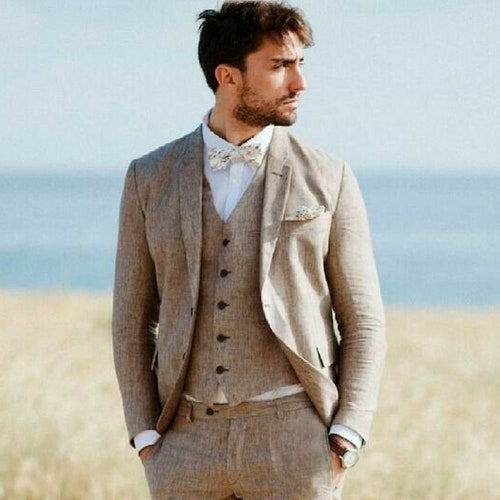 Men Linen Suits Men Suits Brown 3 Piece Line Suits Two Etsy