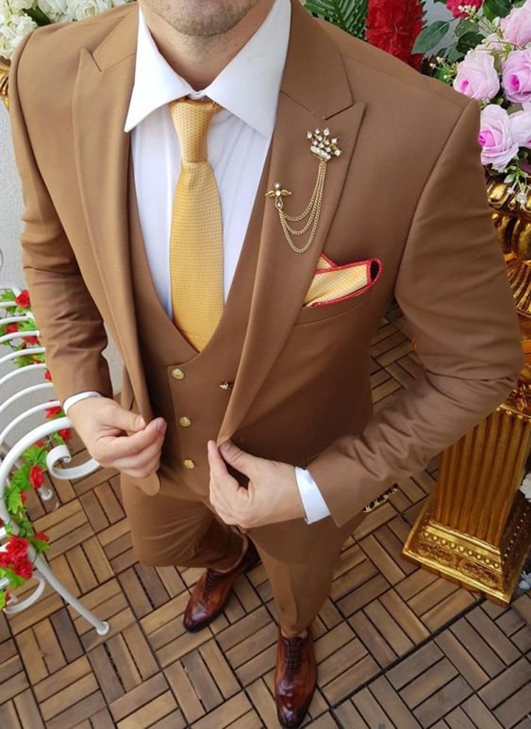 Men Suits 3 Piece Light Brown Wedding Groom Designer Formal Fashion