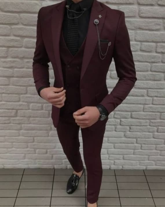 MEN SUITS WEDDING 2 Piece maroon Formal Fashion Party Wear Prom Dinner–  SAINLY