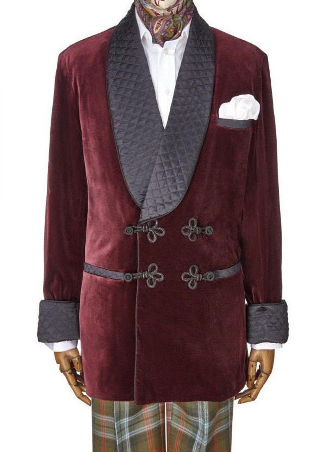 Burgundy Smoking Jacket Men Quilted Velvet Blazer Double Etsy